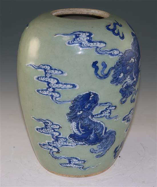 A Chinese celadon glazed ovoid jar, 18th/19th century, 28cm, cover lacking